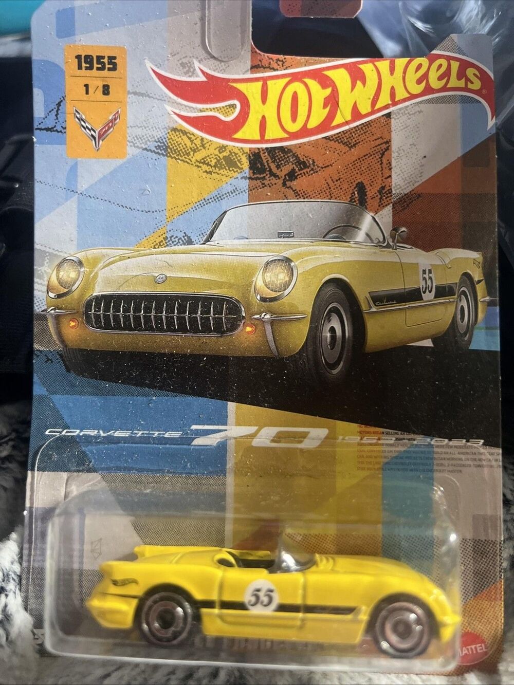 Hot Wheels 1955 Corvette 70 Yellow Diecast Toy Car 1:64 1/8 Mattel 2023